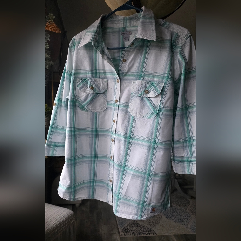 Light Green Plaid Button-Front Women’s Shirt - Casual 3/4 Sleeve